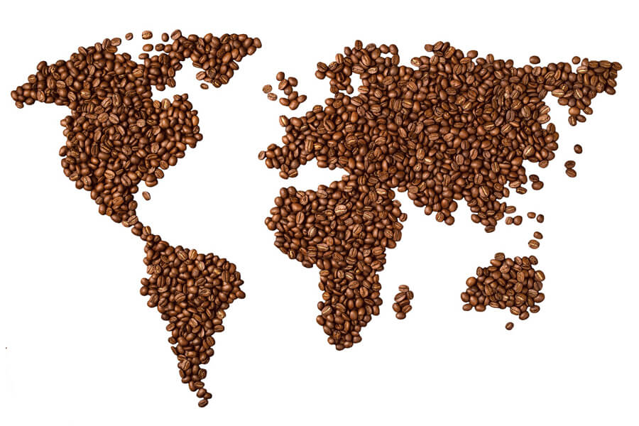 world map shaped by coffee beans