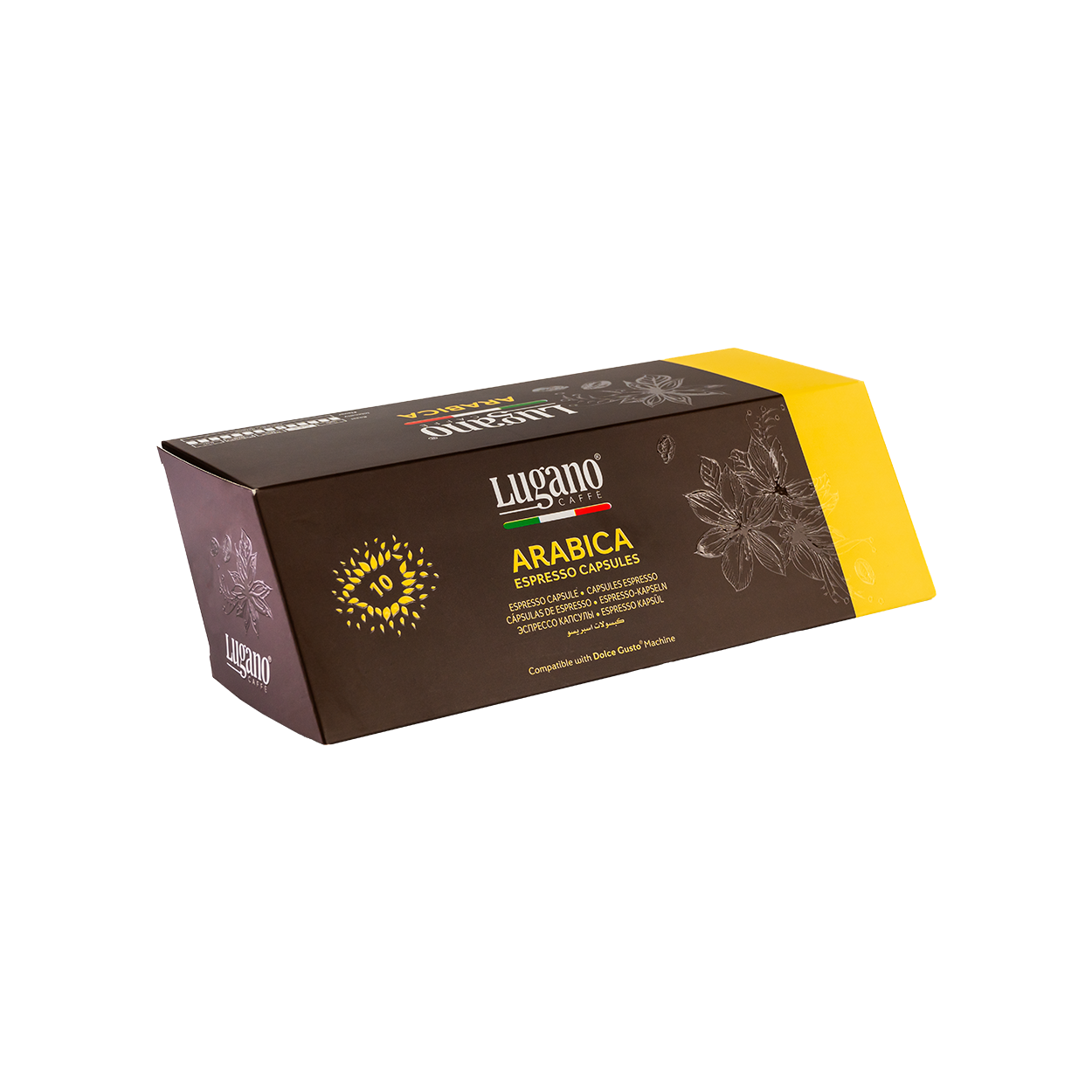 Lugano Caffè Arabica Dolce Gusto Capsules 10 pcs diamond shaped pack front right side Lugano Caffè Arabica Dolce Gusto Capsules 10 pcs diamond shaped pack front right side
