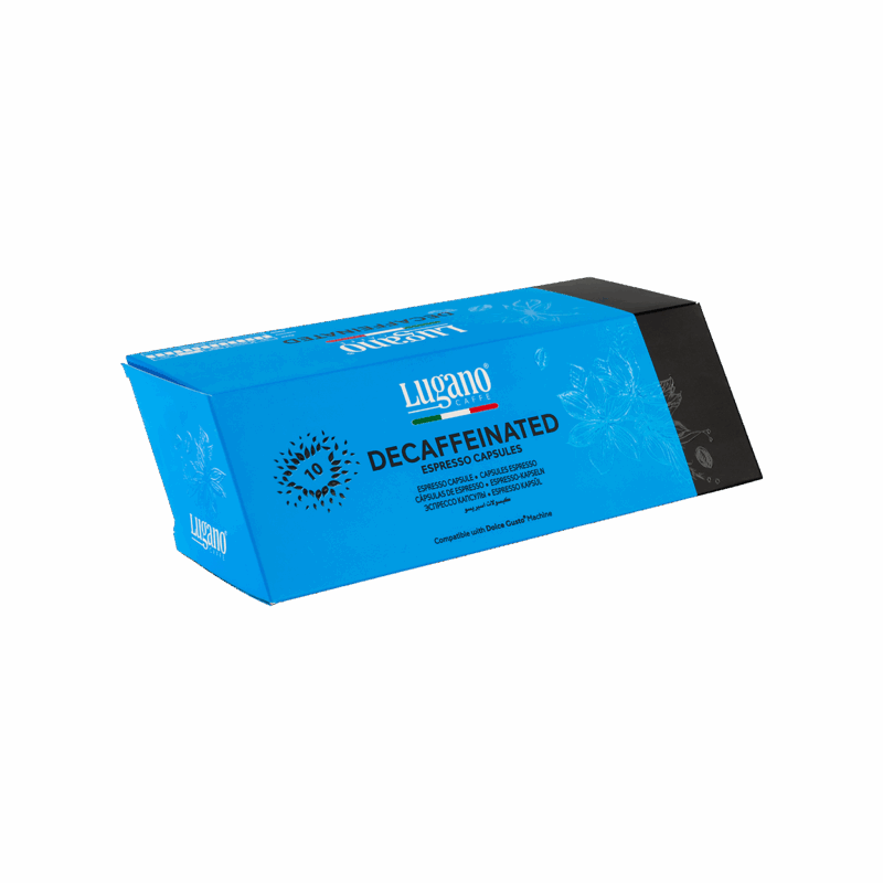 Lugano Caffè Decaffeinated Dolce Gusto Capsules 10 pcs diamond shaped pack front right side