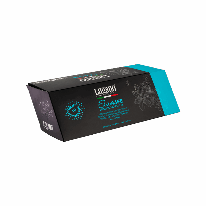 Lugano Caffè Elite Life Dolce Gusto Capsules 10 pcs diamond shaped pack front right side