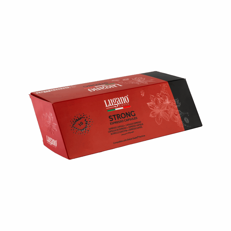 Lugano Caffè Strong Dolce Gusto Capsules 10 pcs diamond shaped pack front right side
