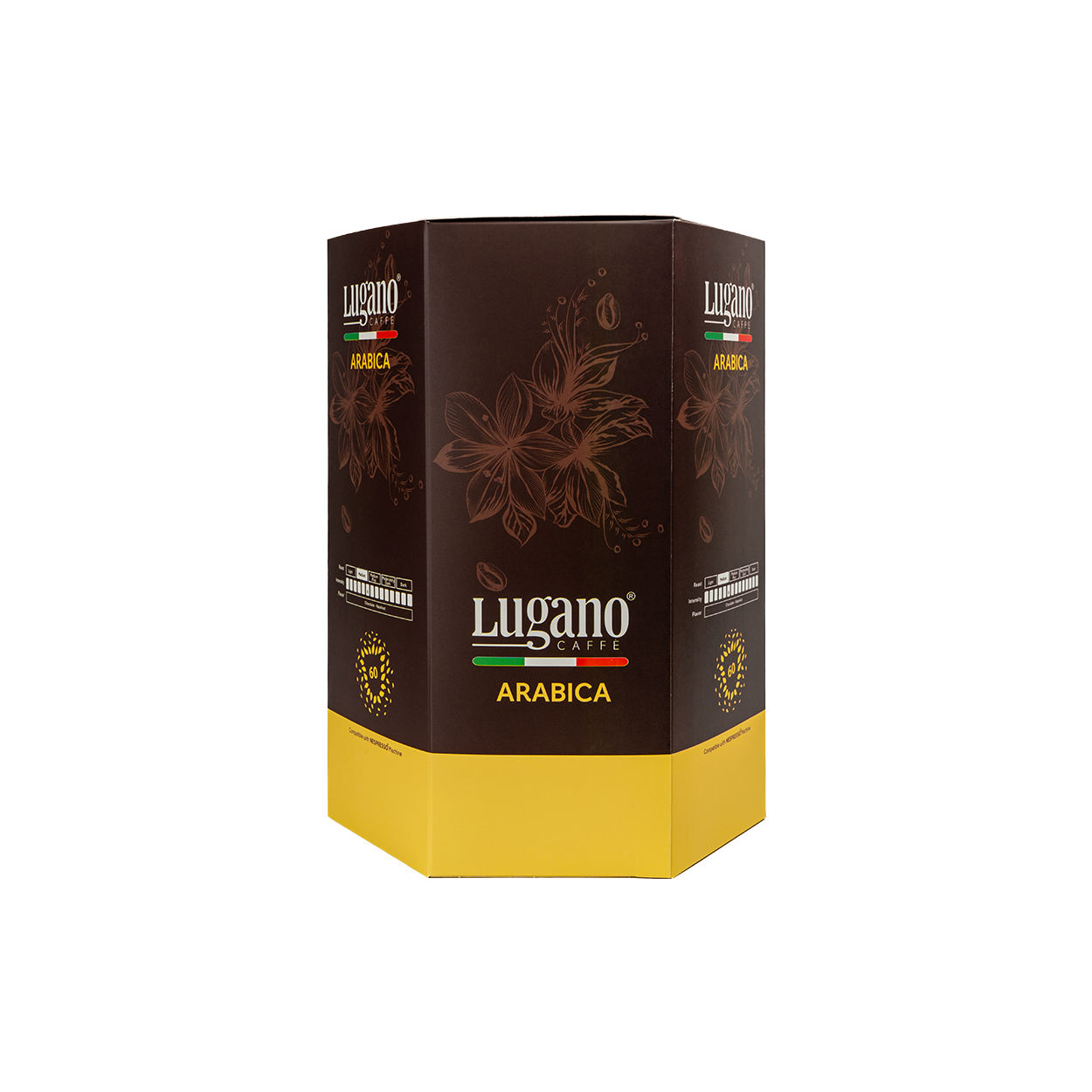 Lugano Caffè Arabica Espresso Capsule Hexagonal Saving Pack 60 Pcs front side Lugano Caffè Arabica Espresso Capsule Hexagonal Saving Pack 60 Pcs front side