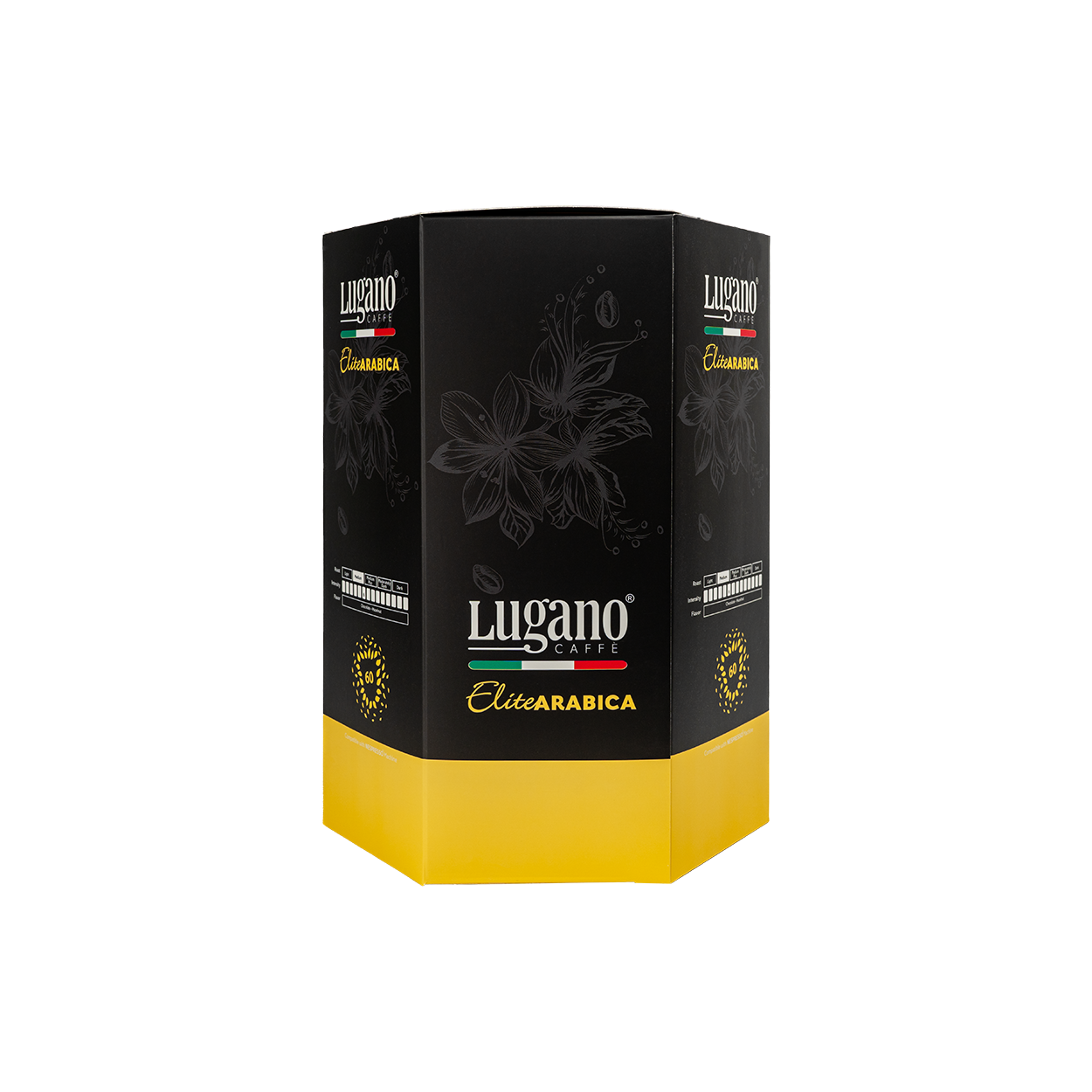 Lugano Caffè Elite Arabica Espresso Capsule Hexagonal Saving Pack 60 Pcs front Lugano Caffè Elite Arabica Espresso Capsule Hexagonal Saving Pack 60 Pcs front