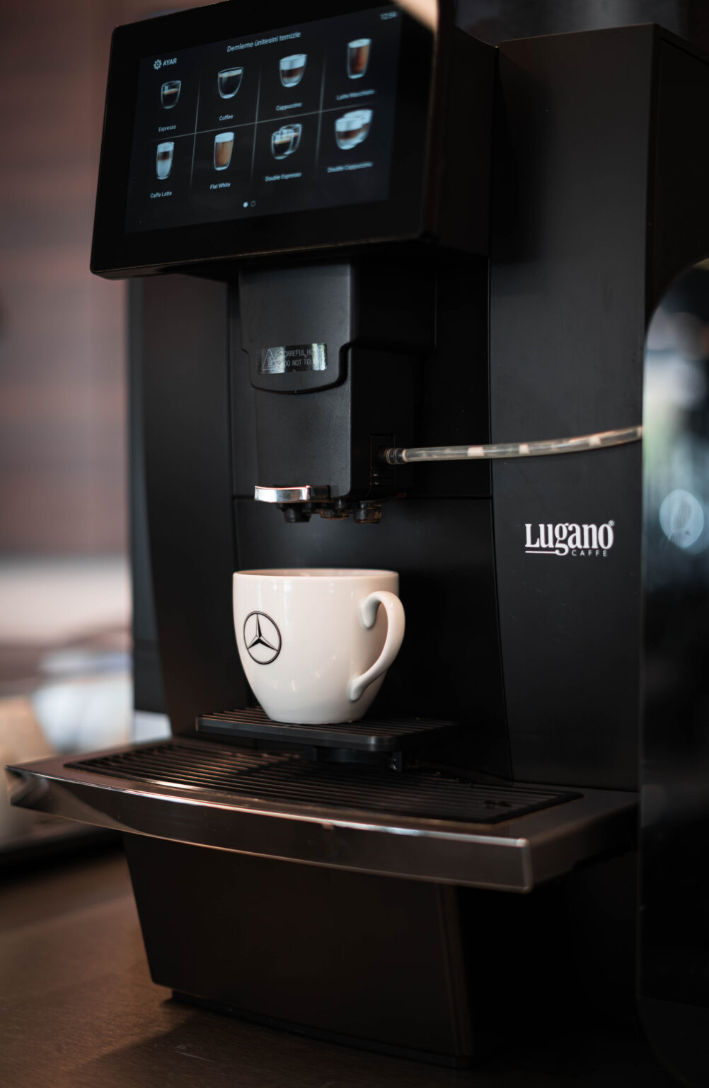 Mercedes benz printed cup on Lugano caffe machine