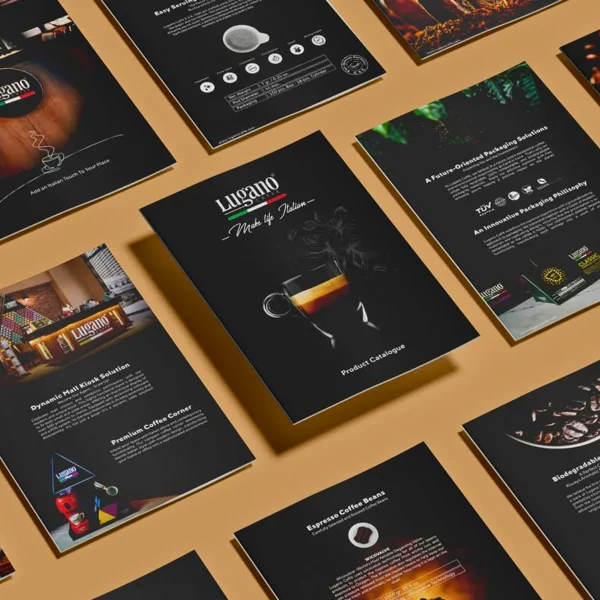 Lugano Caffe Catalogue different pages on mockup