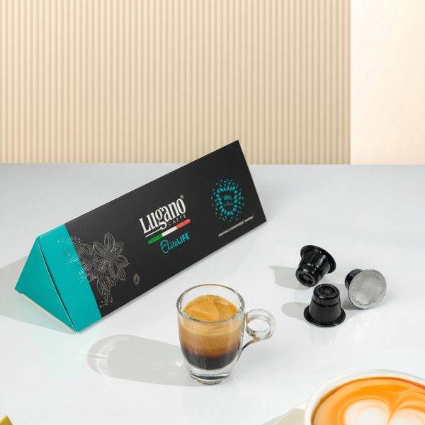 Lugano Caffè Elite Life Espresso Capsule Triangular Pack 10 Pcs wih an espresso cup in a set