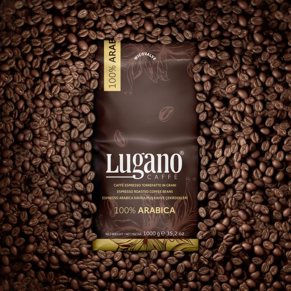 Lugano Caffè Arabica Espresso Coffee Beans 1 Kg pack with beans sorrounding