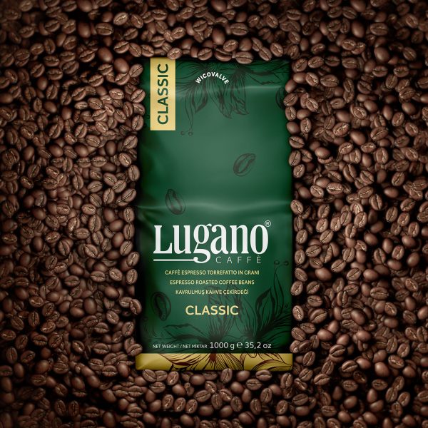 Lugano Caffè Classic Espresso Coffee Beans 1 Kg pack with beans sorrounding