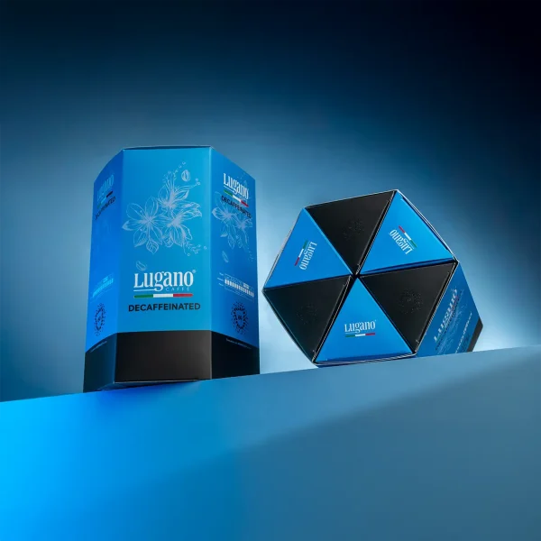 Lugano Caffè Decaffeinated Espresso Capsule Hexagonal Saving Pack 60 Pcs in a studio set
