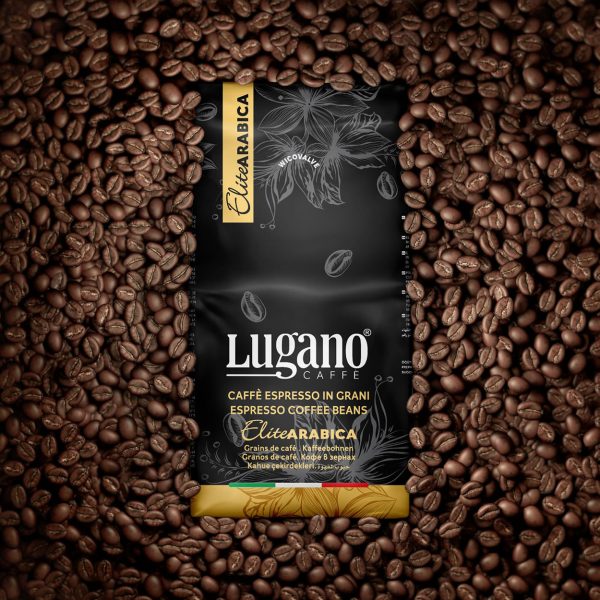 Lugano Caffè Elite Arabica Espresso Coffee Beans 1 Kg pack with beans surrounding