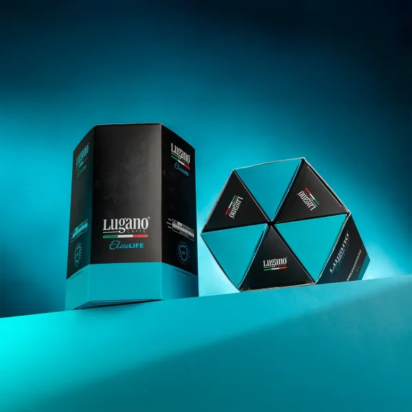 Lugano Caffè Elite Life Confezione risparmio esagonale di capsule per espresso 60 pz. In un set da studio