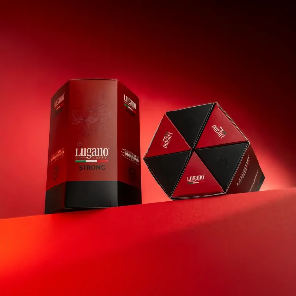 Lugano Caffè Strong Espresso Capsule Hexagonal Saving Pack 60 Pcs in a studio set