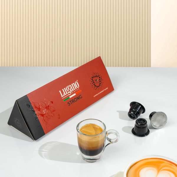 Lugano Caffè Strong Espresso Capsule Triangular Pack 10 Pcs with a cup of espresso in a set