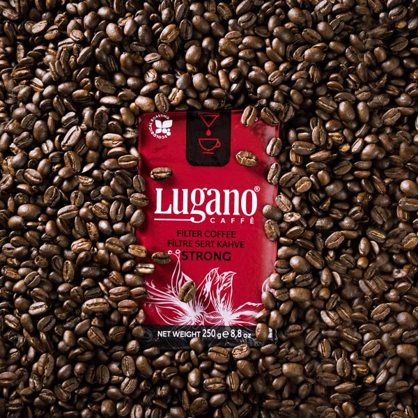 Lugano Caffè Strong Filter Coffee 250 Gr Vacuum Pack Surrounded by Beans 1250x1250