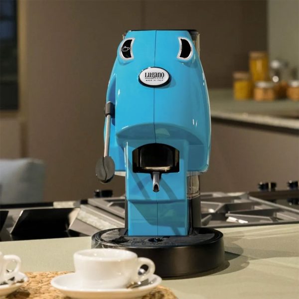 Lugano Uno Baby espresso Machine light blue color in a modern kitchen